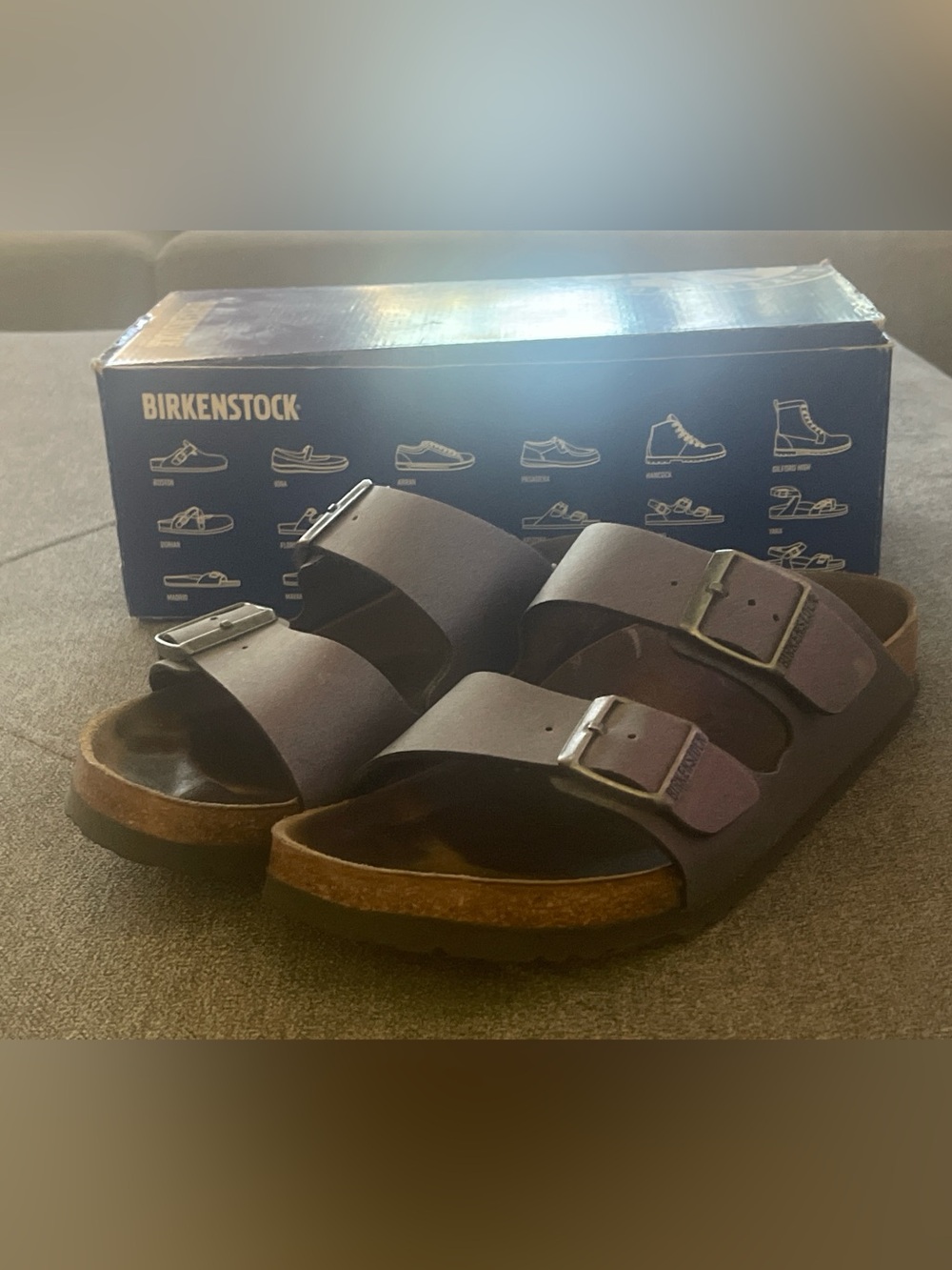 Birkenstock Arizona women’s Two-Strap Sandal in metallic violet 8.5/40